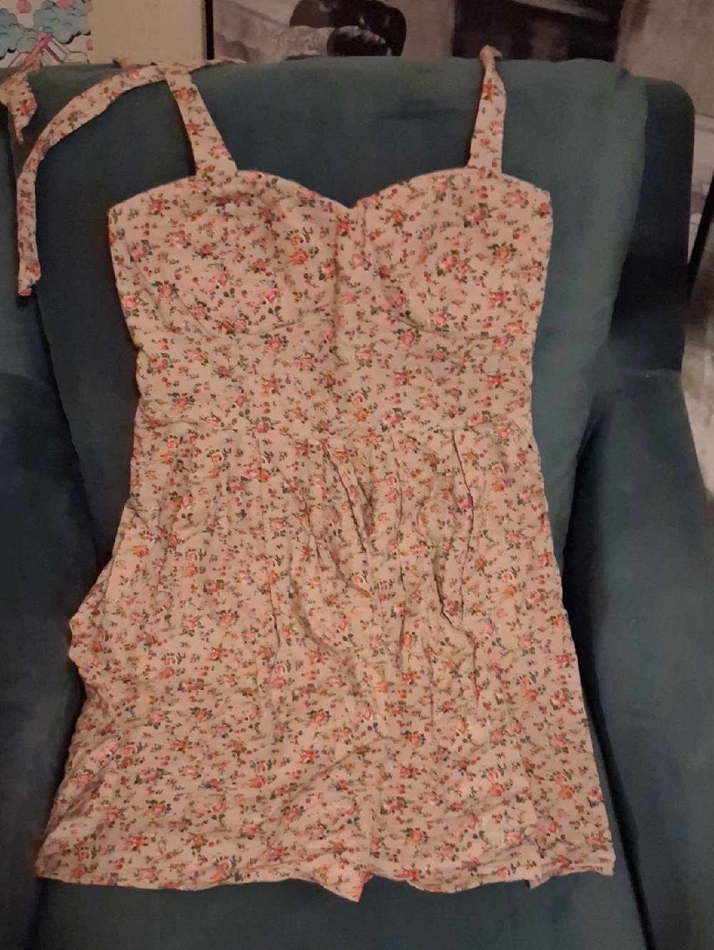 Floral Tie-Shoulder Sundress - Cream with Pink & Green Flowers